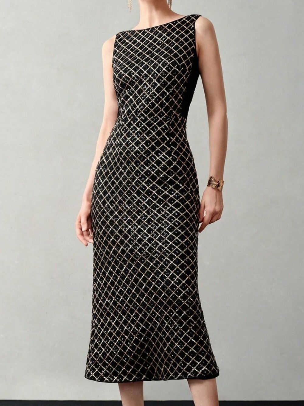 Black Elegant Women's Geometric Sequin Fitted Long Dress